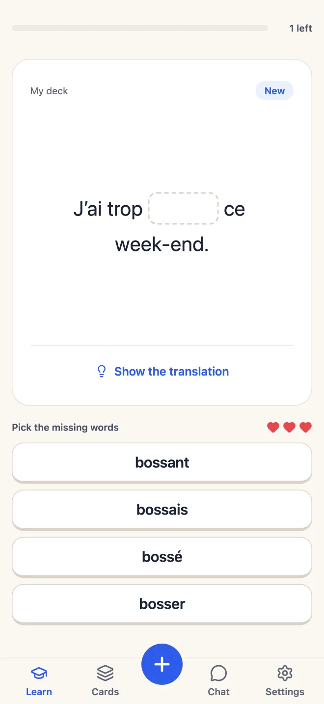 Learn: “J’ai trop ___ ce week-end.” with four answers to choose from.